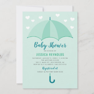 Modern Mint Umbrella Hearts Baby Shower Invitation