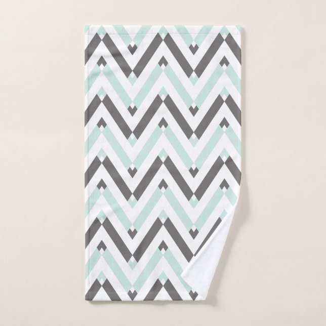 Modern Mint White Gray Geometric Chevron Pattern Hand Towel (Hand Towel)