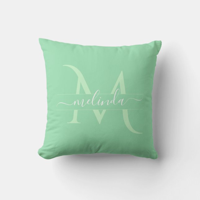 Modern Mint White Split Monogram Personalized Name Throw Pillow (Front)