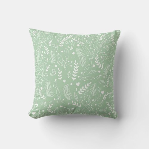 Modern Mint with White Holly Berries Pine Branch Throw Pillow