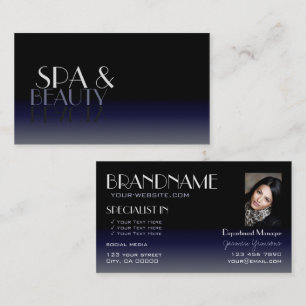 Modern Mirror Font Classic Black Blue with Photo Business Card
