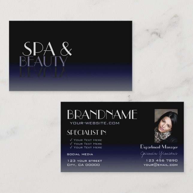 Modern Mirror Font Classic Black Blue with Photo Business Card (Front/Back)