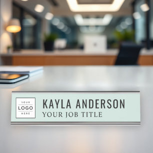 Modern Mist Green Logo Employee Desk Name Plate