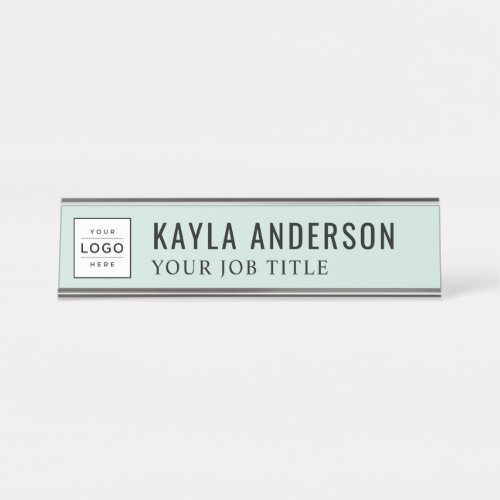 Modern Mist Green Personalized Business Logo Desk Name Plate