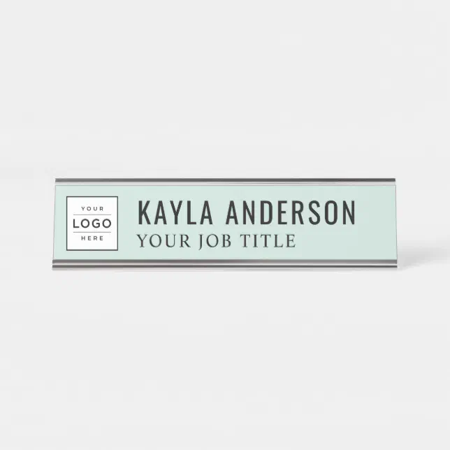 Modern Mist Green Personalized Business Logo Desk Name Plate | Zazzle