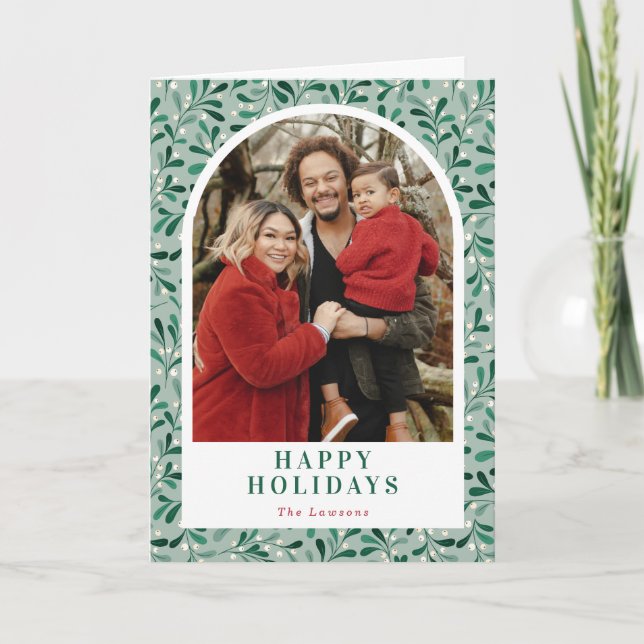 Modern Mistletoe Pattern Arch Photo Folded Holiday Card (Front)