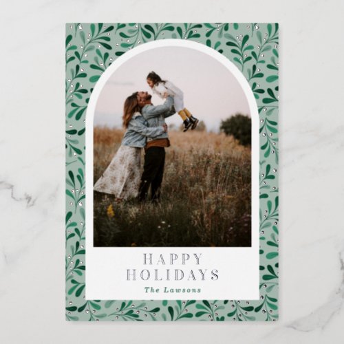 Modern Mistletoe Pattern Arch Photo Silver Foil Holiday Card