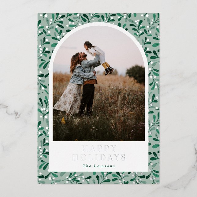 Modern Mistletoe Pattern Arch Photo Silver Foil Holiday Card (Front)