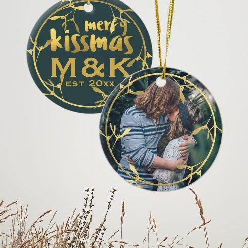 Modern Mistletoe Wreath Holiday Photo Monogrammed Ceramic Ornament