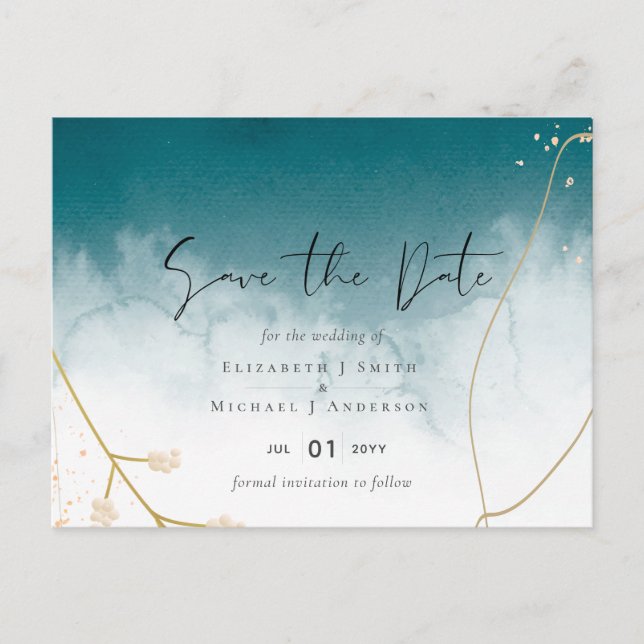 Modern Misty Blue Gold Wedding Postcard (Front)
