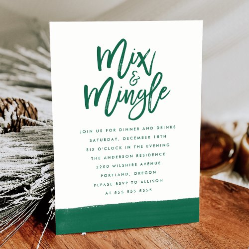 Modern Mix and Mingle Green Script Holiday Party Invitation