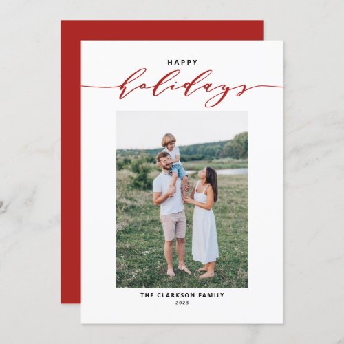 Modern Mix Typography Red Happy Holidays Photo Holiday Card