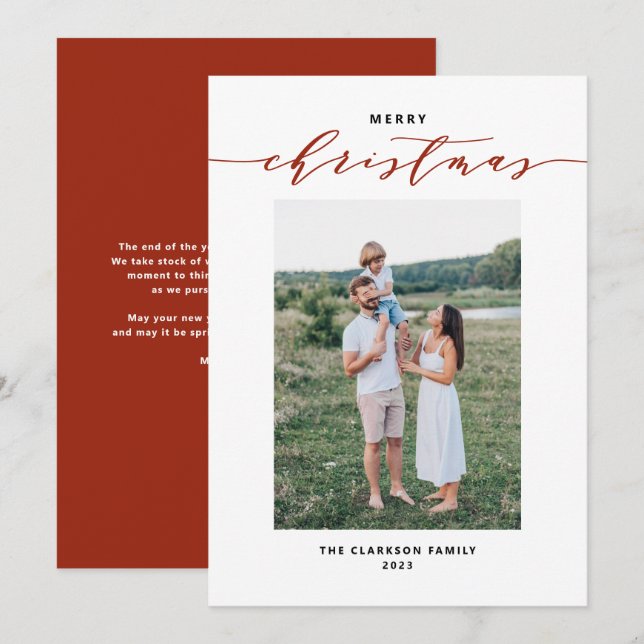 Modern Mix Typography Red Merry Christmas Photo Holiday Card (Front/Back)