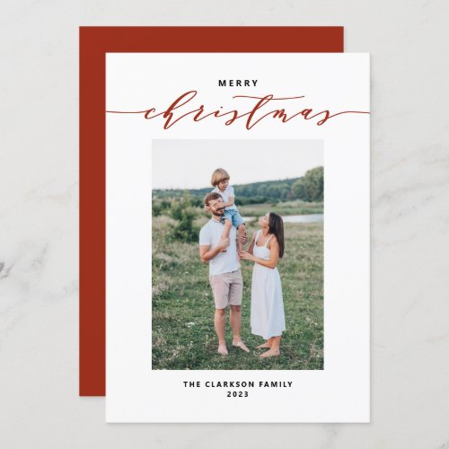 Modern Mix Typography Red Merry Christmas Photo Holiday Card