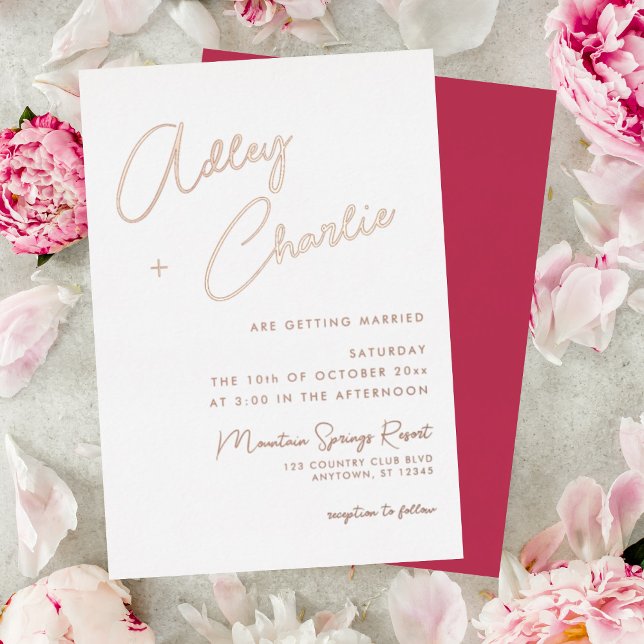 Modern Mixed Font Magenta Rose Gold Wedding Foil Invitation (Creator Uploaded)