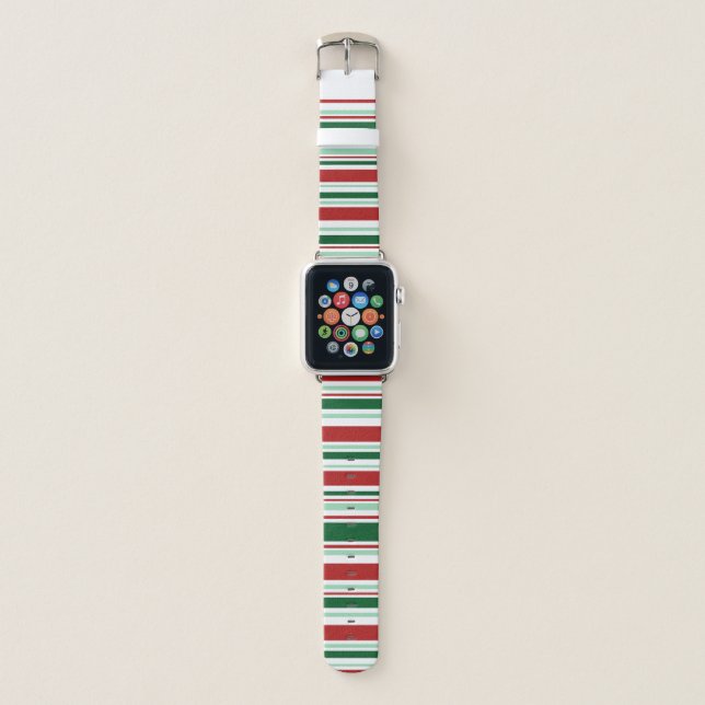 Modern Mixed Red, Green, White Stripes Apple Watch Band (Front)