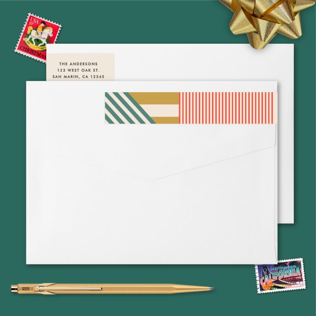 Modern Mixed Stripes Holiday Return Address Wrap Around Label (Creator Uploaded)