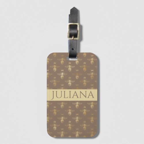 Modern Mocha Brown and Gold Queen Bee Luggage Tag