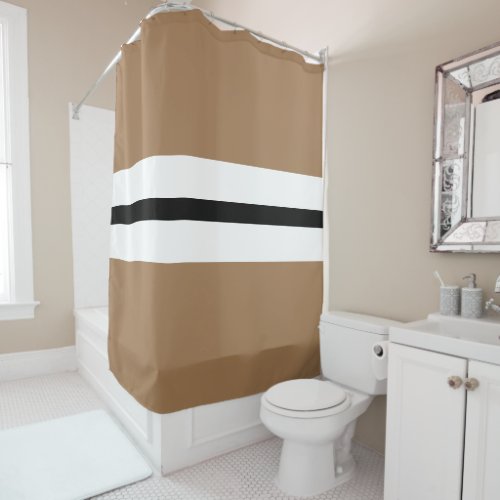 Modern Mocha Brown Black White Racing Stripes Shower Curtain