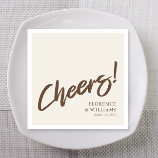Modern Mocha Brown Brush Lettering Cheers Wedding Napkins