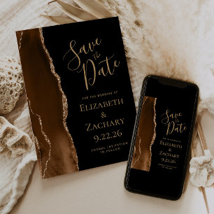 Modern Mocha Brown Gold Agate Black Save the Date