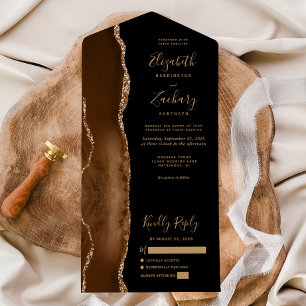 Modern Mocha Brown Gold Agate Black Wedding All In One Invitation
