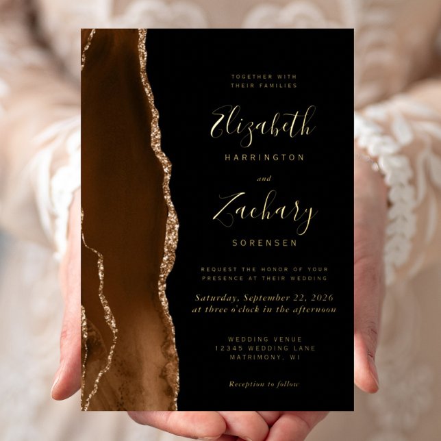 Modern Mocha Brown Gold Agate Black Wedding Foil Invitation (Creator Uploaded)