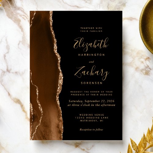 Modern Mocha Brown Gold Agate Dark Wedding Invitation