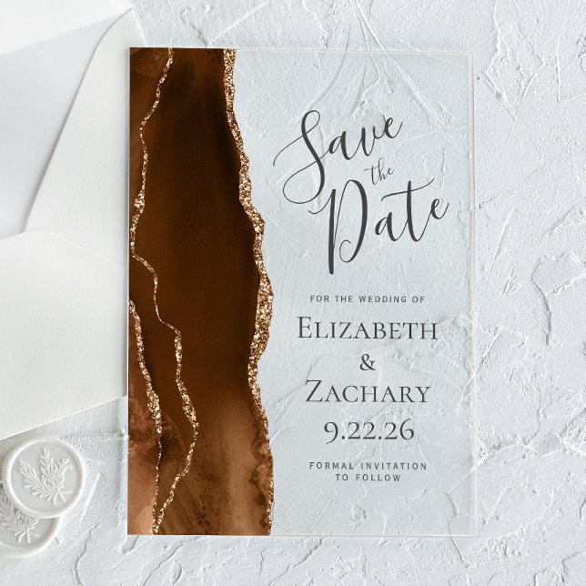 Modern Mocha Brown Gold Agate Save the Date Acrylic Invitations (Creator Uploaded)
