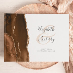 Modern Mocha Brown Gold Agate Script Guest Book