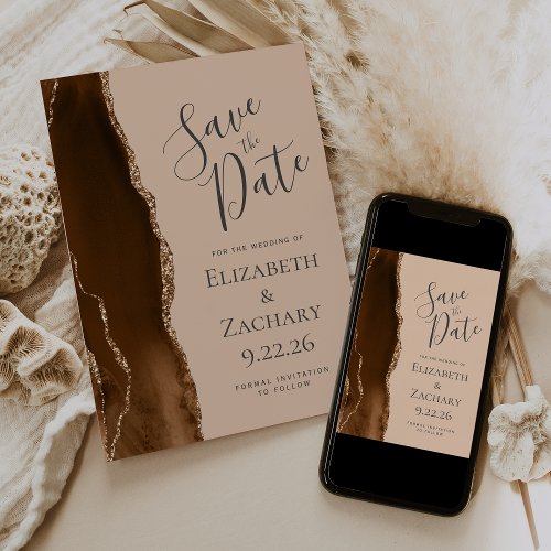 Modern Mocha Brown Gold Agate Tan Save the Date