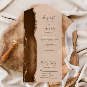 Modern Mocha Brown Gold Agate Tan Wedding All In One Invitation