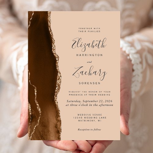 Modern Mocha Brown Gold Agate Tan Wedding Invitation