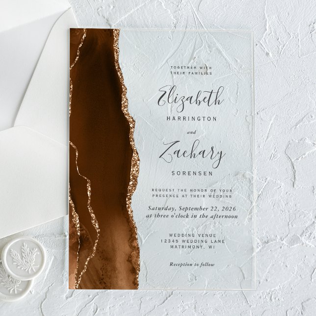 Modern Mocha Brown Gold Agate Wedding Acrylic Invitations (Creator Uploaded)