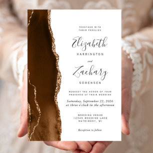 Modern Mocha Brown Gold Agate Wedding Invitation