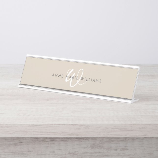 Modern Mocha Brown White Script Monogram Desk Name Plate (Front)