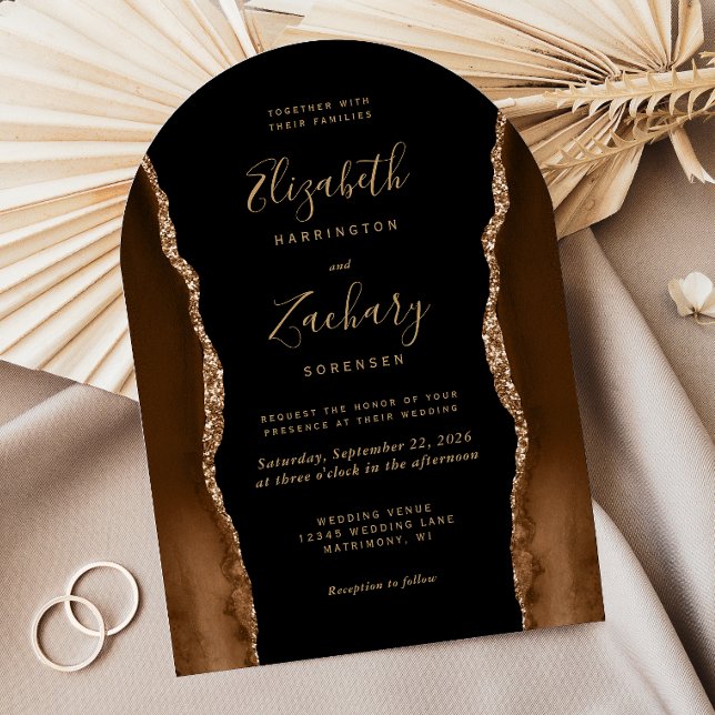 Modern Mocha Gold Agate Black Arch Shape Wedding Invitation (Creator Uploaded)