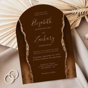 Modern Mocha Gold Agate Brown Arch Shape Wedding Invitation