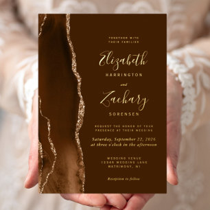 Modern Mocha Gold Agate Brown Wedding Foil Invitation