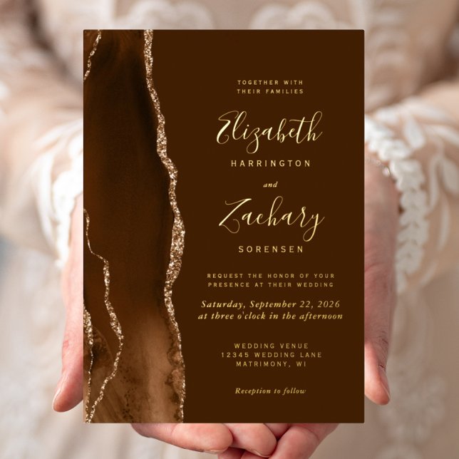 Modern Mocha Gold Agate Brown Wedding Foil Invitation (Creator Uploaded)
