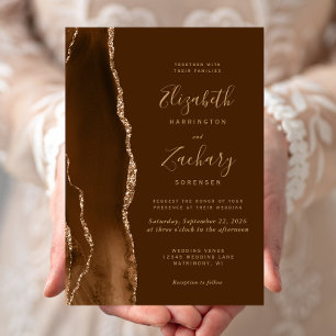 Modern Mocha Gold Agate Brown Wedding Invitation