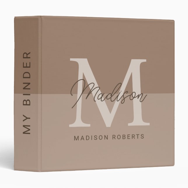 Modern Mocha Monogram Name  3 Ring Binder (Front/Spine)