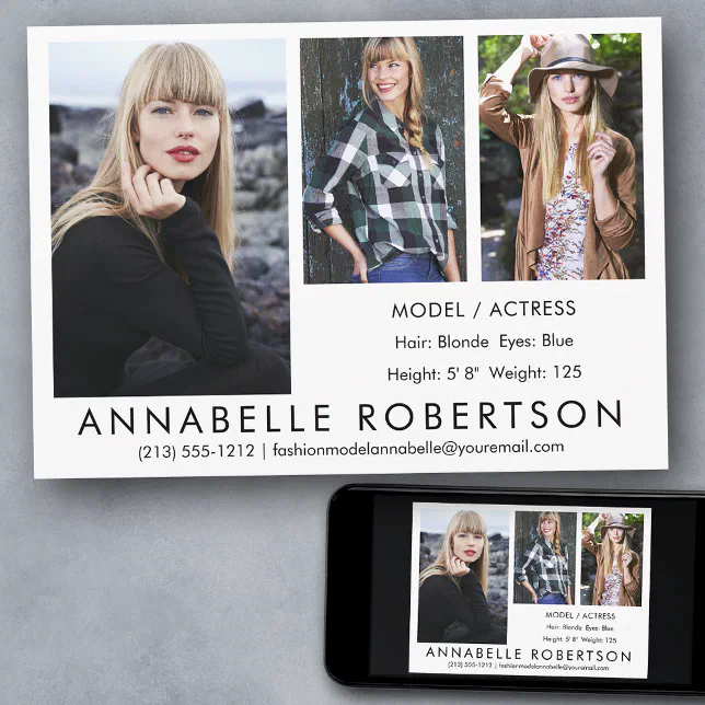 Modern Model Actor 3 Photos Comp Card | Zazzle