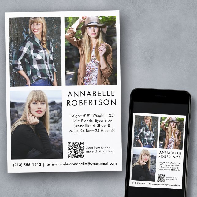 Modern Model Actor 3 Photos QR Code Comp Card (Customize to change background color, text size, style or to add more photos to back of card.)