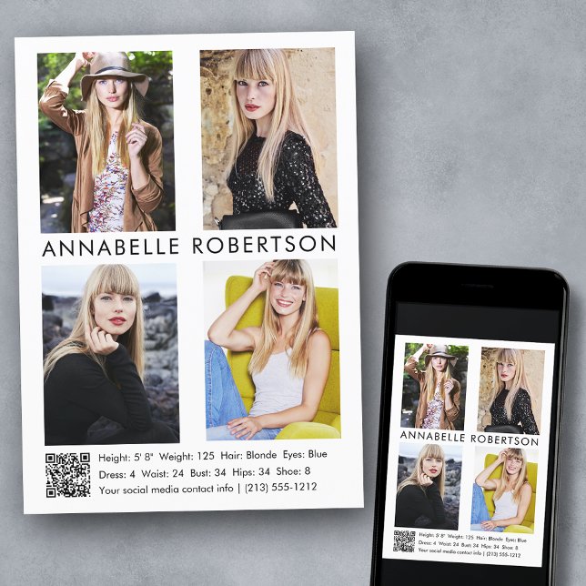 Modern Model Actor 4 Photos QR Code Comp Card (Customize to change background color, text size, style or to add more photos to back of card.)