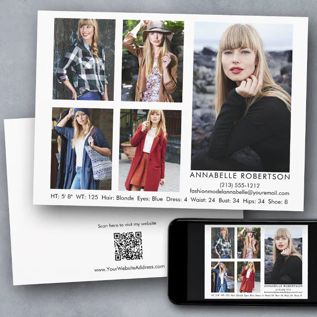 Modern Model Actor QR Code Back 5 Photo Comp Card | Zazzle