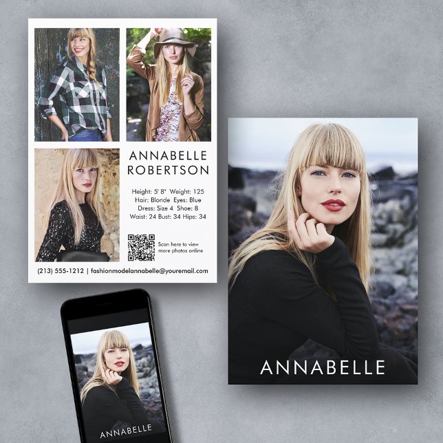 Modern Modeling 4 Photo QR Code Model Comp Card (Customize to change background color, text size or text style. Available for prints and download.)