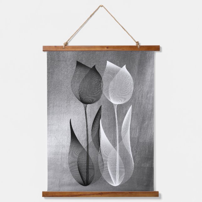  Modern Moiré Effect Tulip Black and White Floral Hanging Tapestry (Front)
