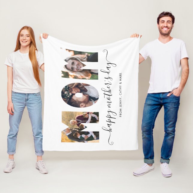 Modern MOM 3 Photo Collage Happy Mother's Day Fleece Blanket (In Situ)