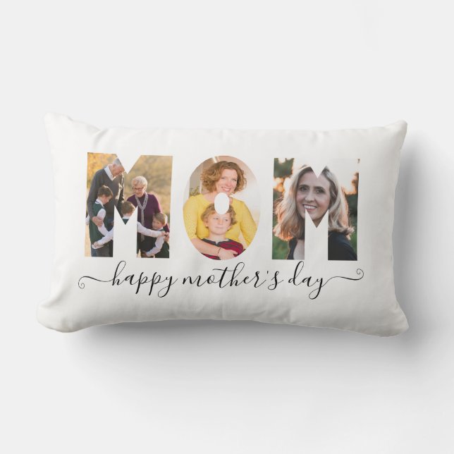 Modern MOM 3 Photo Collage Happy Mother's Day Lumbar Pillow (Front)